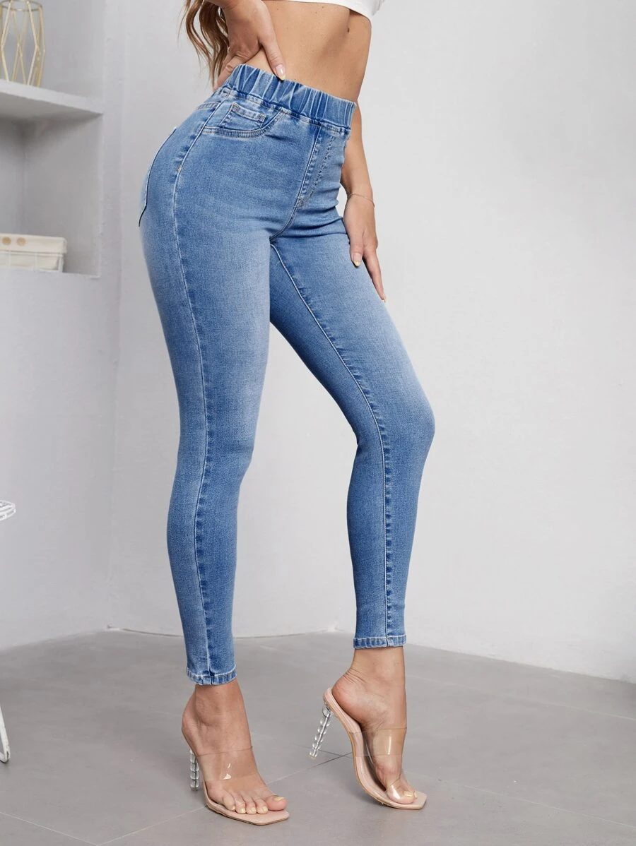 SHEIN Essnce High Waist Skinny Jeans - Medium Wash - View 1