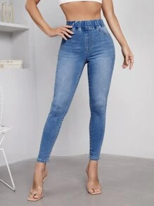 SHEIN Essnce High Waist Skinny Jeans - Medium Wash - View 3
