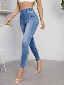 SHEIN Essnce High Waist Skinny Jeans - Medium Wash - View 4