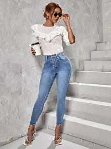 SHEIN Essnce Button Fly Bleach Wash Skinny Jeans - Light Wash - View 5