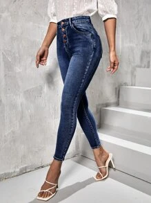 SHEIN Essnce 紐扣門襟漂白水洗緊身牛仔褲