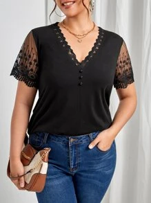 SHEIN Frenchy Plus Contrast Lace Tee - Black - View 1