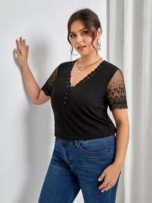 SHEIN Frenchy Plus Contrast Lace Tee - Black - View 4