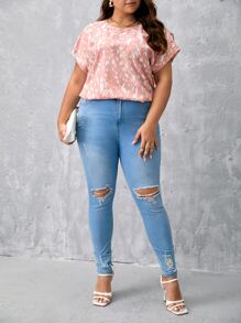 SHEIN LUNE 大碼滿版印花蝙蝠袖襯衫 - 珊瑚粉 - 查看 3