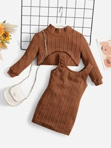 SHEIN 嬰兒紋理質感背心連衣裙和小高領前短後長套頭衫 - 鏽棕色 - 查看 1