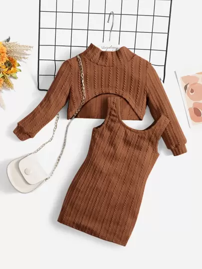 SHEIN 嬰兒紋理質感背心連衣裙和小高領前短後長套頭衫
