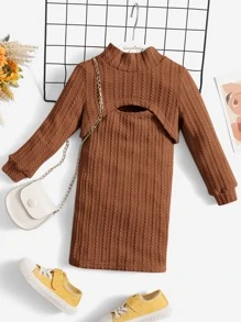 SHEIN 嬰兒紋理質感背心連衣裙和小高領前短後長套頭衫 - 鏽棕色 - 查看 6