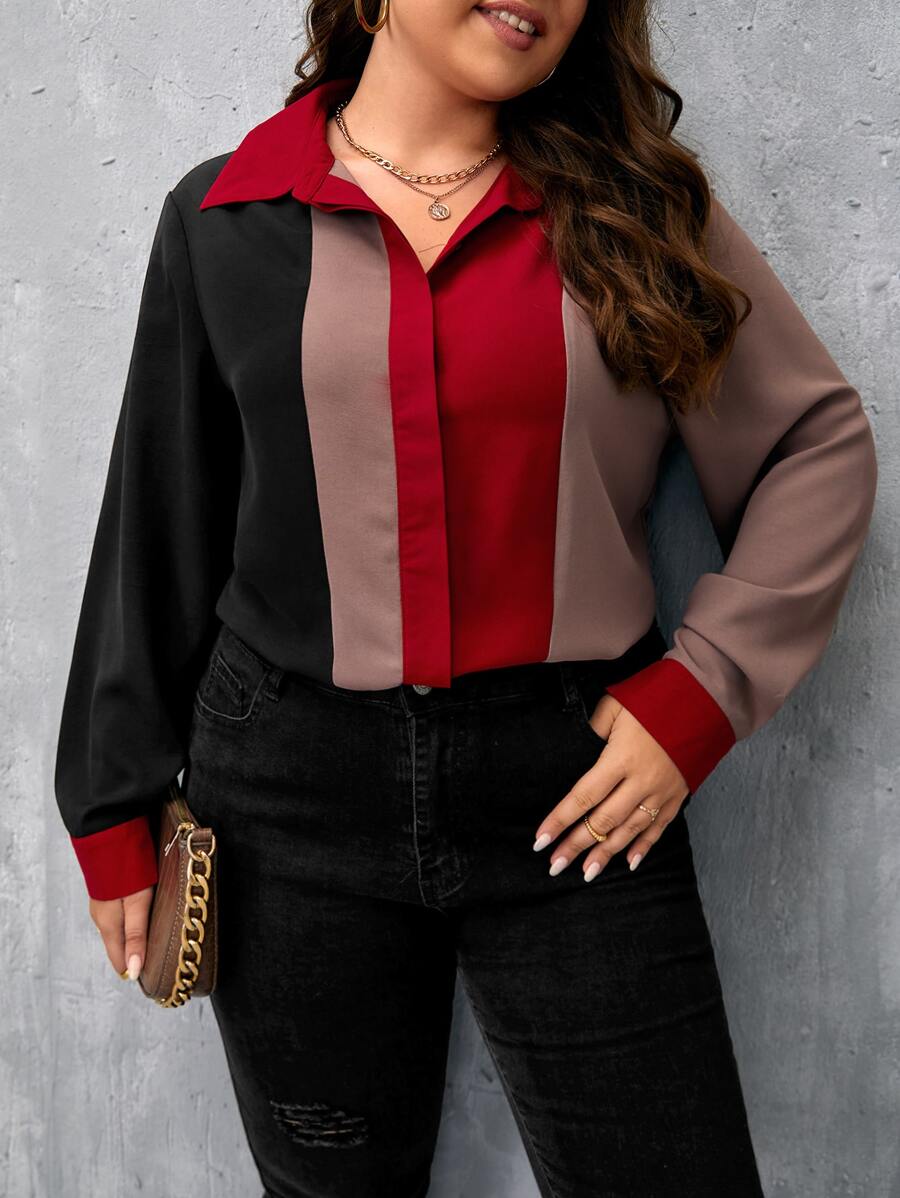 SHEIN Clasi Plus Colorblock Button Front Shirt - Multicolor - View 1