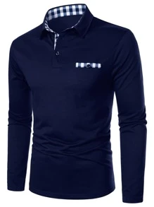 Manfinity Homme Men Contrast Gingham Trim Polo Shirt - Navy Blue - View 1