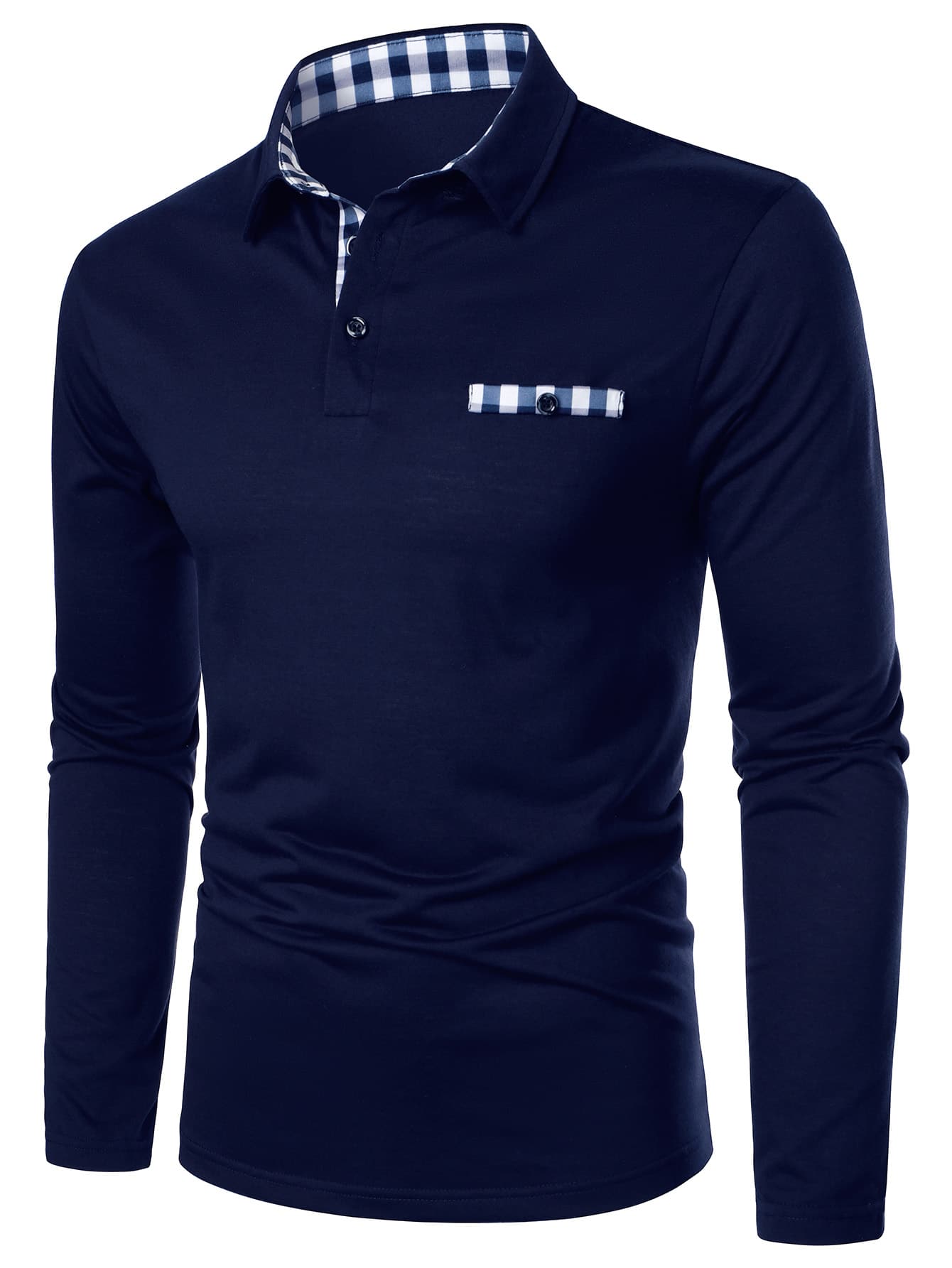 Manfinity Homme Men Contrast Gingham Trim Polo Shirt - Navy Blue - View 1