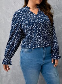SHEIN Clasi Plus Ditsy Floral Print Flounce Sleeve Blouse - Blue and White - View 5