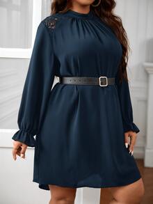 SHEIN Frenchy Plus Lace Insert Mock Neck Flounce Sleeve Dress - Navy Blue - View 2