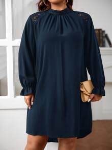 SHEIN Frenchy Plus Lace Insert Mock Neck Flounce Sleeve Dress - Navy Blue - View 3