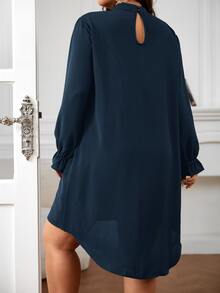 SHEIN Frenchy Plus Lace Insert Mock Neck Flounce Sleeve Dress - Navy Blue - View 6