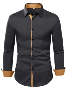 Manfinity Mode Hombres Camisa ribete en contraste con botón - Negro - Ver 1