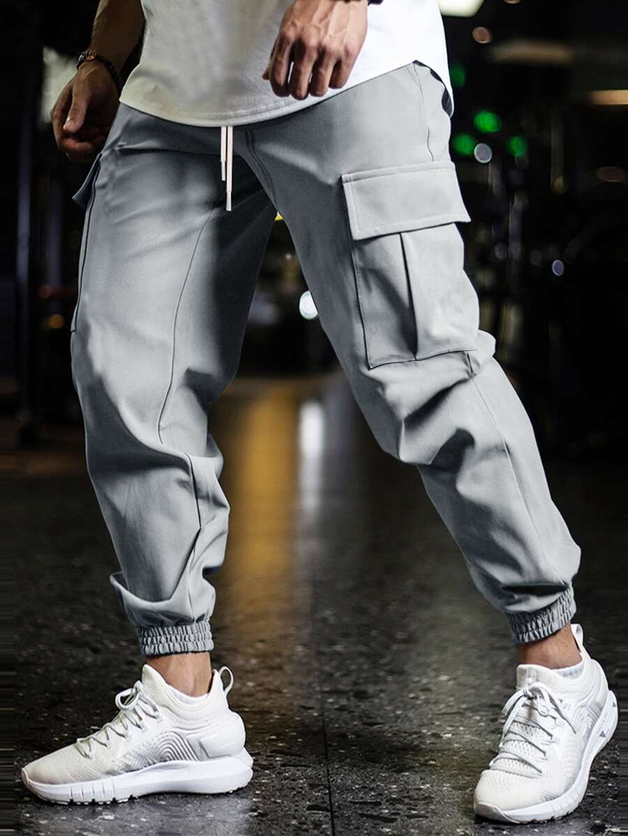 Manfinity Homme Men Flap Pocket Side Drawstring Waist Cargo Trousers - Light Grey - View 1