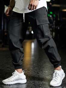 Manfinity Homme Men Flap Pocket Drawstring Waist Cargo Trousers - Black - View 1