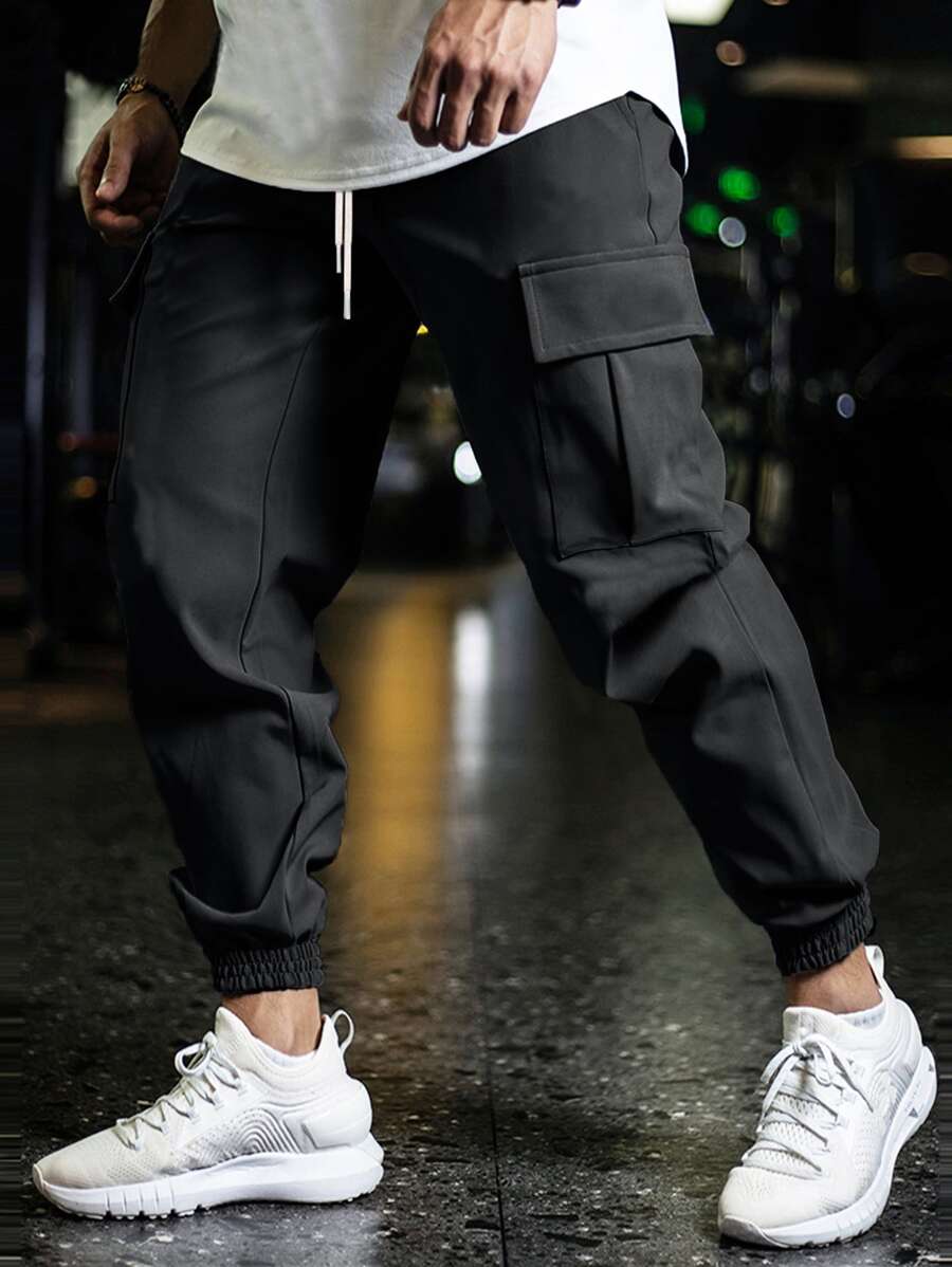 Manfinity Homme Men Flap Pocket Drawstring Waist Cargo Trousers - Black - View 1