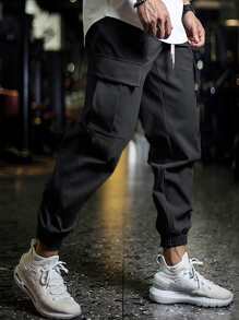 Manfinity Homme Men Flap Pocket Drawstring Waist Cargo Trousers - Black - View 6