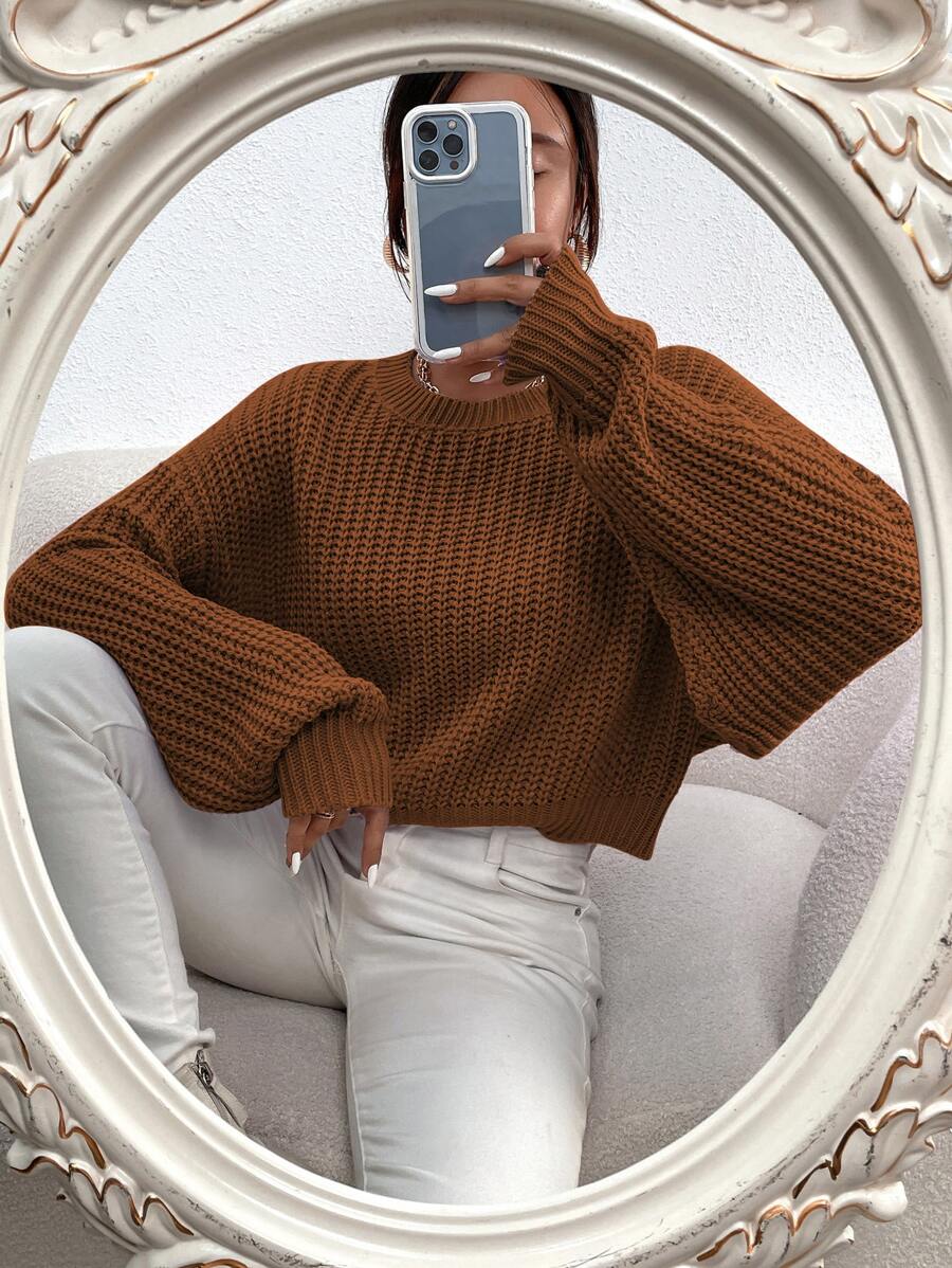 Chiquease Solid Ribbed Knit Drop Shoulder Sweater,Long Sleeve Tops Knit Pullover Fall Winter - Coffee Brown - View 1