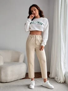 EMERY ROSE Women's Summer Paperbag Waist Straight Leg Jeans