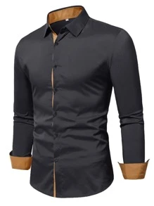 Manfinity Mode Hombres Camisa ribete en contraste con botón - Negro - Ver 4