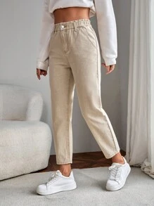 EMERY ROSE Women's Summer Paperbag Waist Straight Leg Jeans