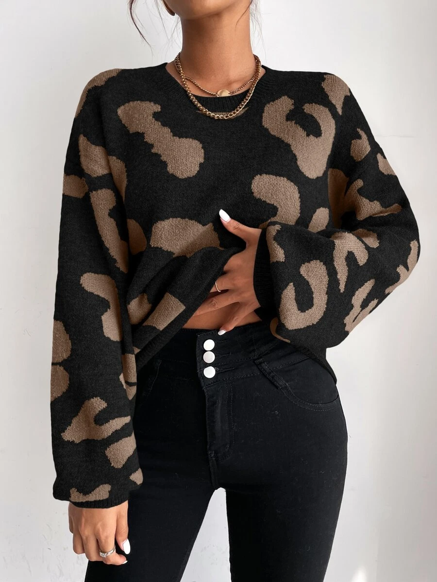Chiquease Drop Shoulder Fluffy Knit Sweater,Long Sleeve Tops Knit Pullover Fall Winter Outfit - Black - View 1