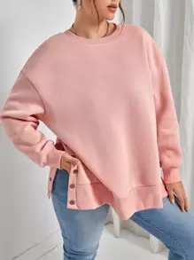 SHEIN Essnce Plus Drop Shoulder Button Detail Split Hem Sweatshirt - Coral Pink - View 1