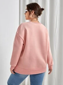 SHEIN Essnce Plus Drop Shoulder Button Detail Split Hem Sweatshirt - Coral Pink - View 2