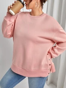 SHEIN Essnce Plus Drop Shoulder Button Detail Split Hem Sweatshirt - Coral Pink - View 3