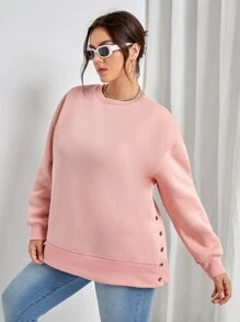 SHEIN Essnce Plus Drop Shoulder Button Detail Split Hem Sweatshirt - Coral Pink - View 4