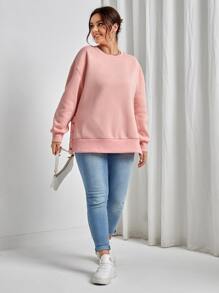 SHEIN Essnce Plus Drop Shoulder Button Detail Split Hem Sweatshirt - Coral Pink - View 5