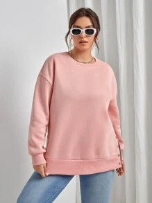SHEIN Essnce Plus Drop Shoulder Button Detail Split Hem Sweatshirt - Coral Pink - View 6