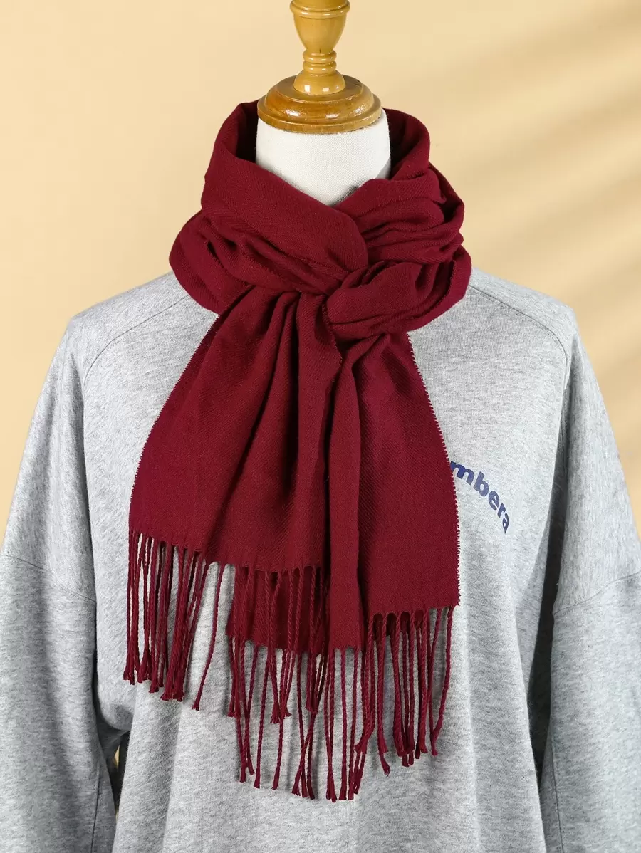 Solid Fringe Trim Scarf - Burgundy - View 1