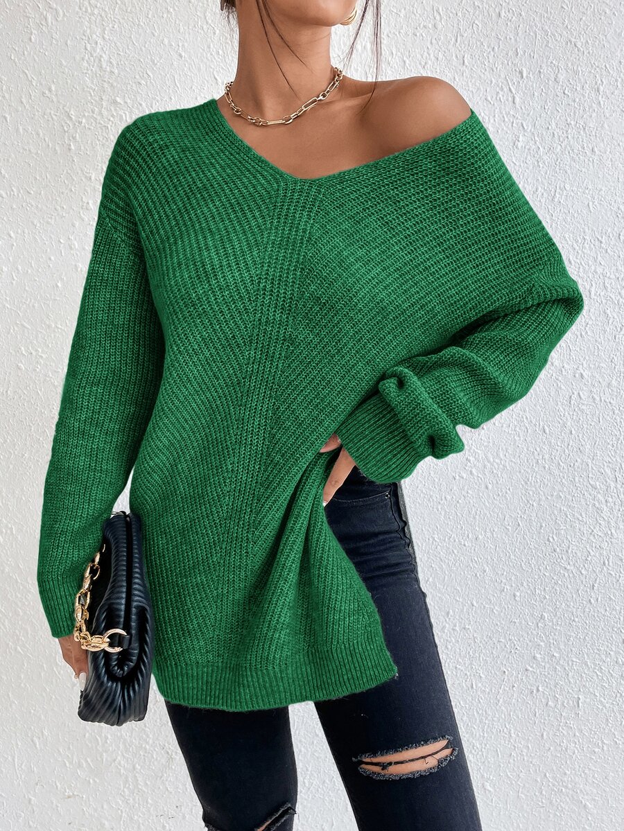SHEIN Frenchy Drop Shoulder Split Hem Jumper - Green - View 1
