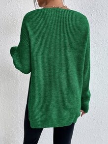 SHEIN Frenchy Drop Shoulder Split Hem Jumper - Green - View 2