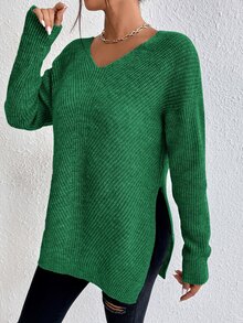 SHEIN Frenchy Drop Shoulder Split Hem Jumper - Green - View 3