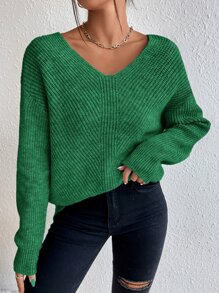 SHEIN Frenchy Drop Shoulder Split Hem Jumper - Green - View 4