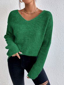 SHEIN Frenchy Drop Shoulder Split Hem Jumper - Green - View 6