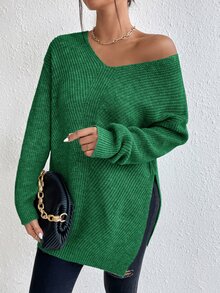 SHEIN Frenchy Drop Shoulder Split Hem Jumper - Green - View 7