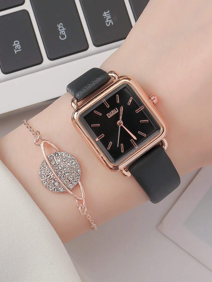 DISU 1 Đồng hồ thạch anh tối giản & 1 Vòng tay ngày lễ làm quà tặng cho học sinh đi học trở lại - màu đen - Xem 1