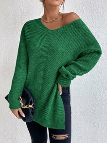 SHEIN Frenchy Drop Shoulder Split Hem Jumper - Green - View 8