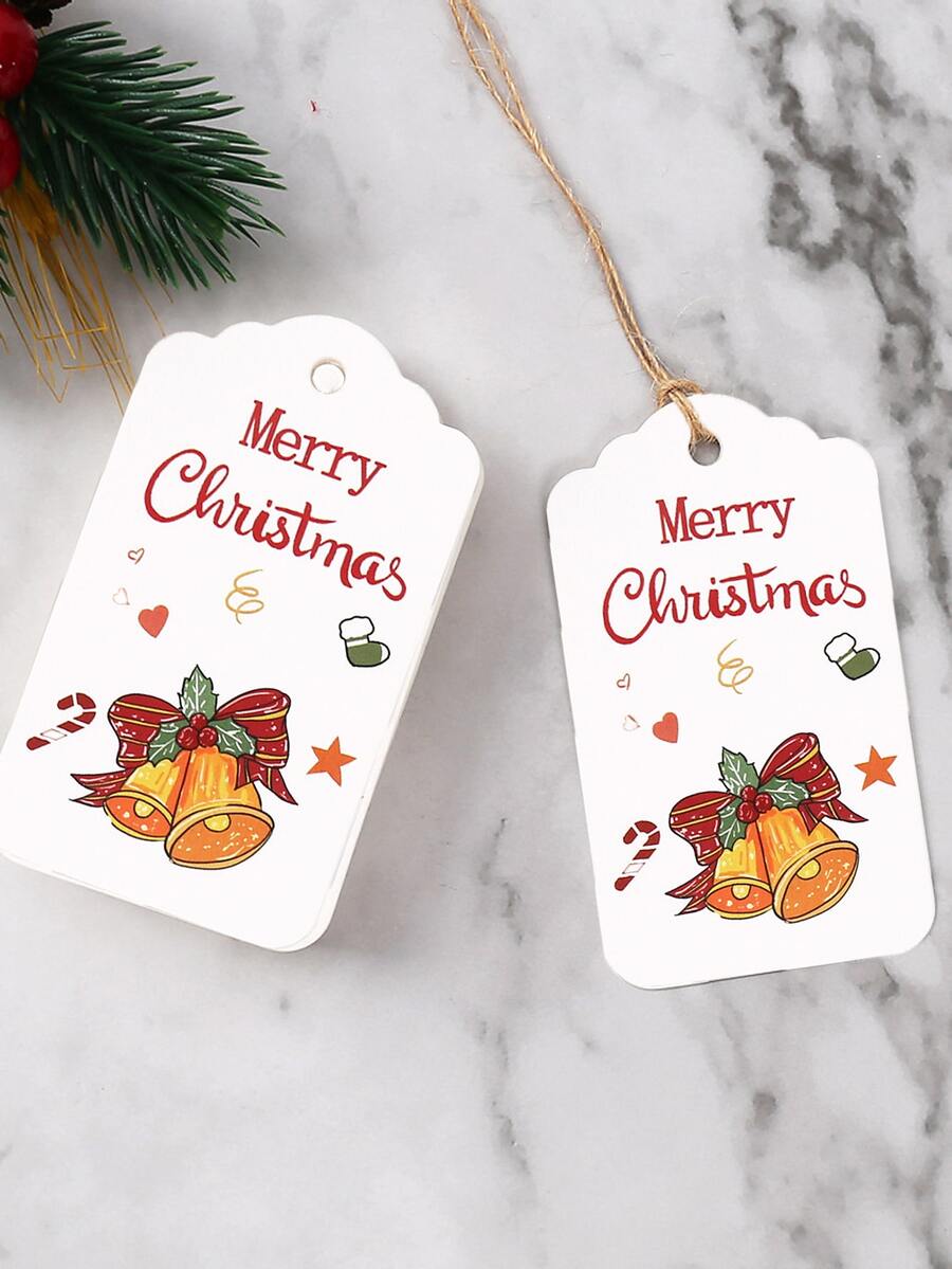 100pcs Christmas Bell & Slogan Graphic Gift Wrapping Tag - Multicolor - View 1