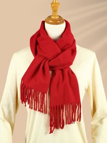 Solid Fringe Trim Scarf Winter Fall - Red - View 1