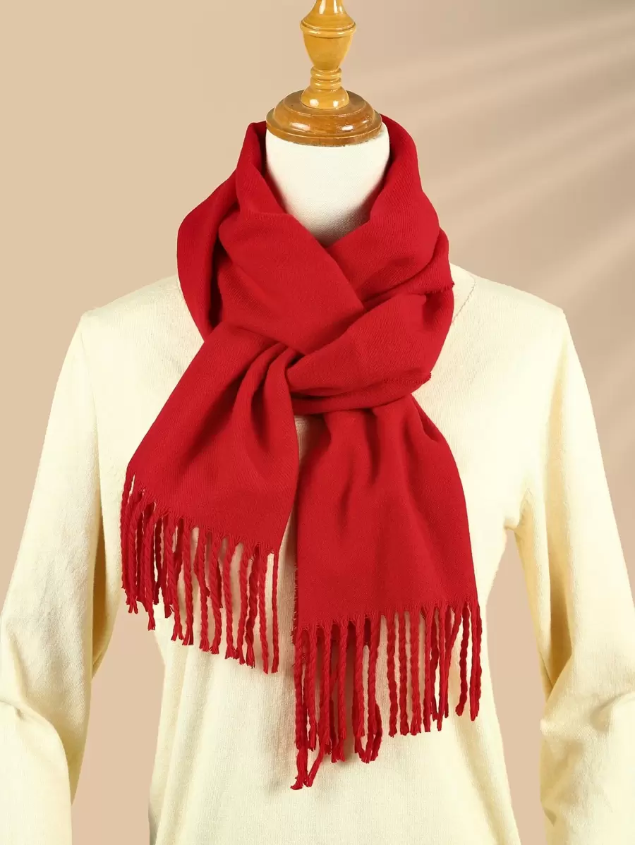 Solid Fringe Trim Scarf Winter Fall - Red - View 1
