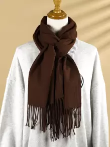 1條男士人造羊絨30cm寬純色流蘇窄領巾,中性情侶樣式頸暖適合日常使用 - 咖啡棕 - 查看 1