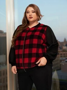 SHEIN CURVE+ Cazadora con estampado de guingán con cremallera - Multicolor - Ver 4