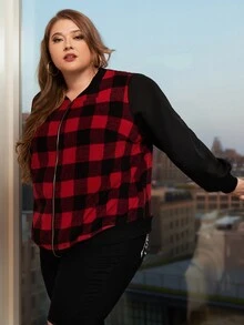 SHEIN CURVE+ Cazadora con estampado de guingán con cremallera - Multicolor - Ver 6