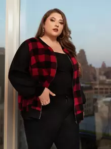 SHEIN CURVE+ Cazadora con estampado de guingán con cremallera - Multicolor - Ver 1